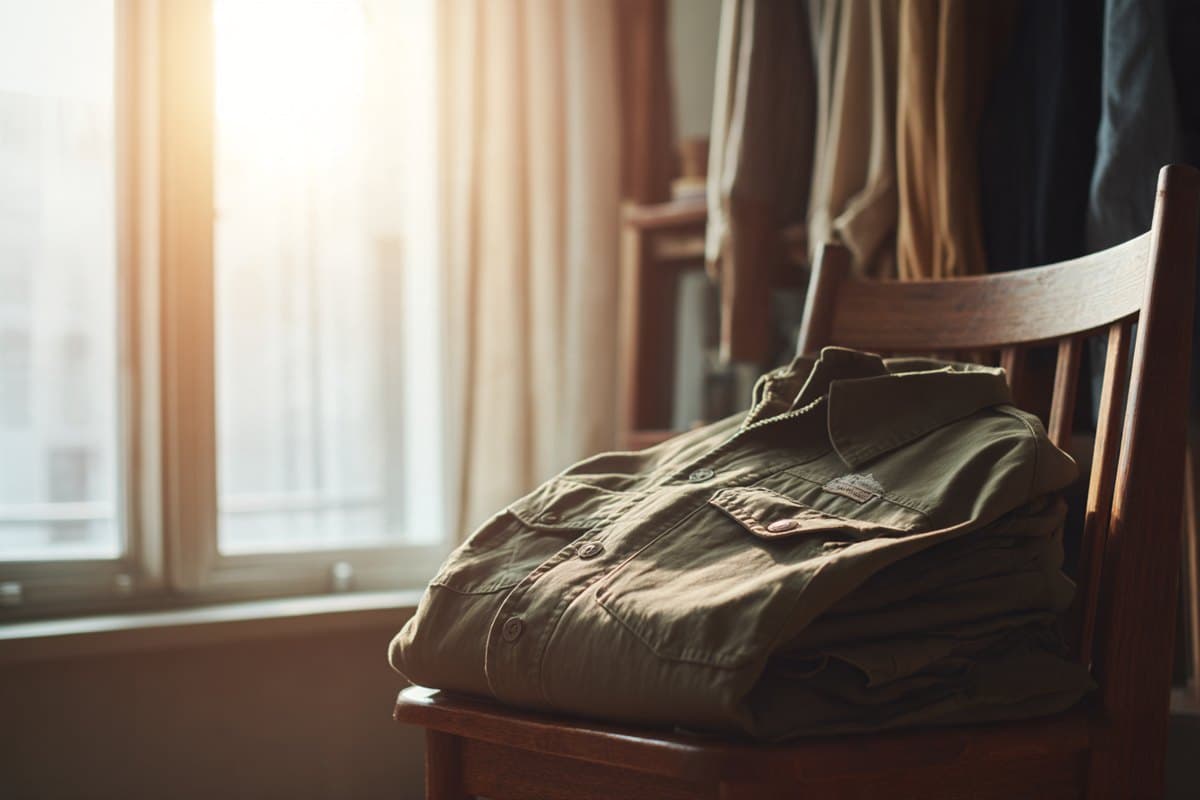 A folded field jacket on a wooden chair in morning light