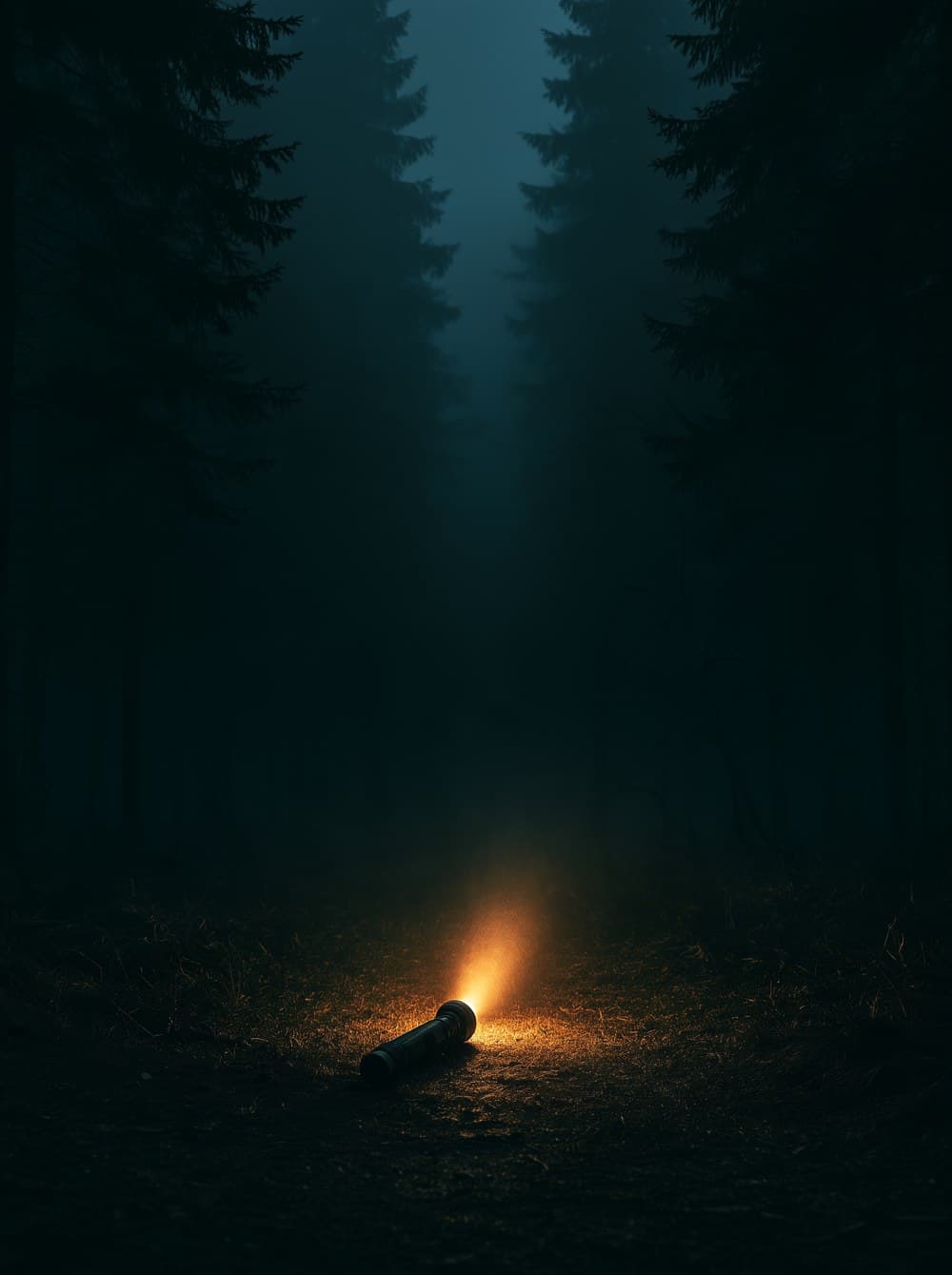 A flashlight glowing on a dark forest floor