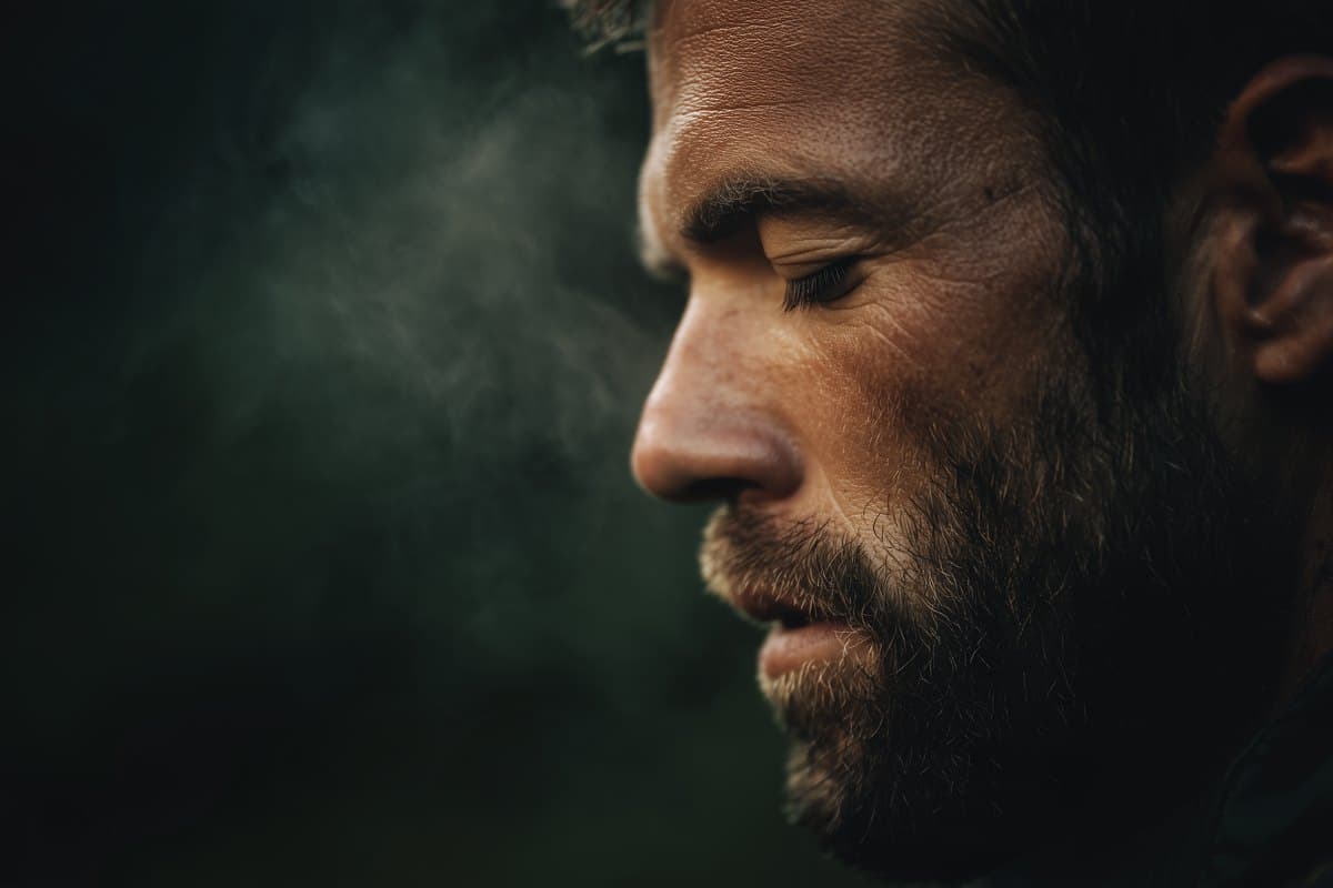 Close-up of a man with closed eyes exhaling in cold air