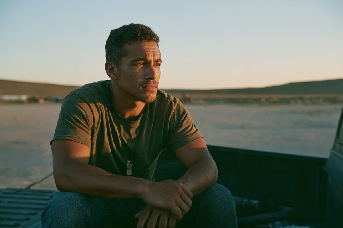 A young man in an olive t-shirt sits on a truck tailgate at sunset, looking out across an empty field.