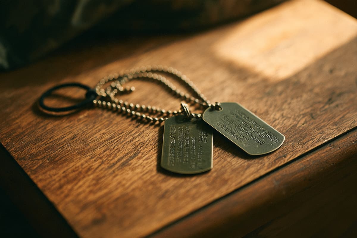 Military dog tags with a hair tie looped through the chain, resting on a wooden dresser.