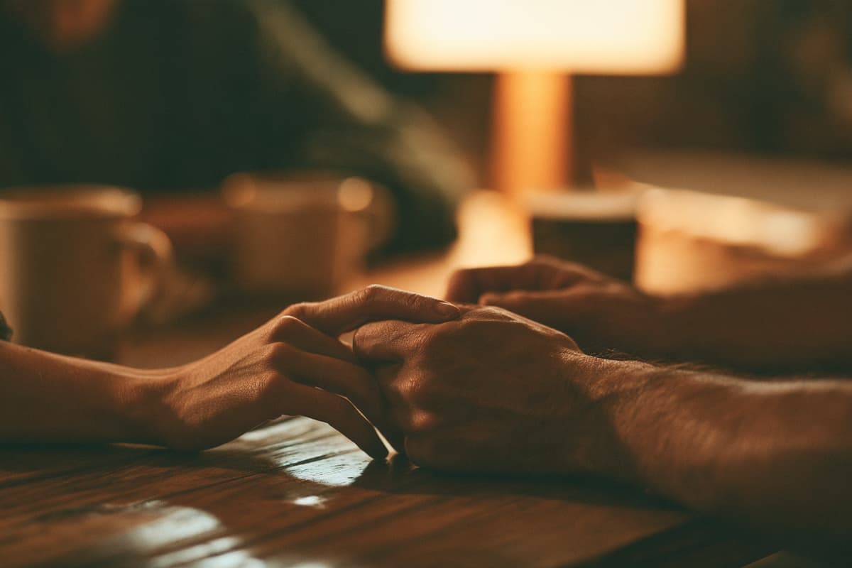 Two hands meeting across a kitchen table in warm lamp light.